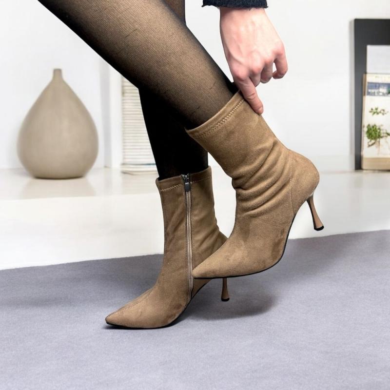 Streç  Kadın Süet Topuklu Bot- Vizon