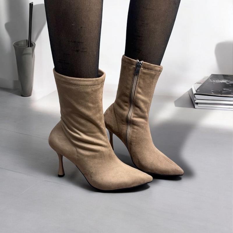 Streç  Kadın Süet Topuklu Bot- Vizon